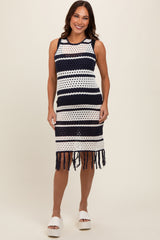 Navy Striped Crochet Fringe Coverup Maternity Dress