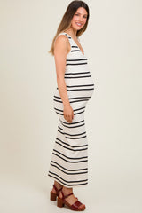 Ivory Striped V-Neck Soft Knit Maternity Midi Dress