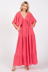 Coral Flounce Sleeve Tiered Dress