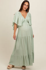 Light Olive Flounce Sleeve Tiered Maternity Dress