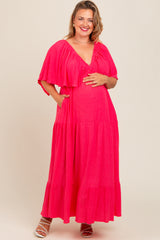 Coral Pink Flounce Sleeve Tiered Maternity Plus Dress