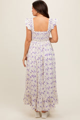 Lavender Floral Print Smocked Ruffle Sleeve Maternity Maxi Dress