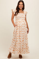 Rust Floral Print Smocked Ruffle Sleeve Maternity Maxi Dress