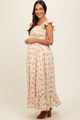 Rust Floral Print Smocked Ruffle Sleeve Maternity Maxi Dress