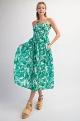 Green Abstract Floral Smocked Maternity Midi Dress