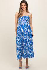 Royal Blue Abstract Floral Smocked Maternity Midi Dress