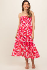 Fuchsia Abstract Floral Smocked Maternity Midi Dress