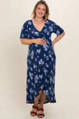 Navy Floral Short Sleeve Maternity Plus Warp Dress