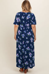 Navy Floral Short Sleeve Maternity Plus Warp Dress