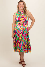 Multicolor Leaf Print Satin Tiered Maternity Plus Dress