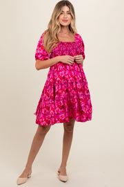 Fuchsia Floral Smocked Tiered Maternity Dress