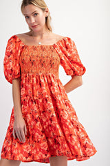 Orange Floral Smocked Tiered Maternity Dress