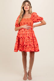 Orange Floral Smocked Tiered Maternity Dress