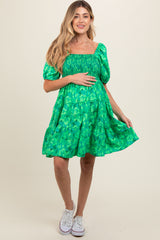 Green Floral Smocked Tiered Maternity Dress