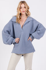 Blue Oversize Collared Knit Maternity Sweater