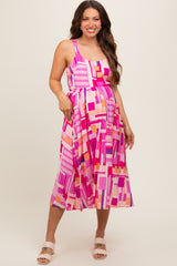 Fuchsia Geo Printed Cut Out Back Detail Maternity Midi Dress