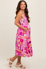 Fuchsia Geo Printed Cut Out Back Detail Maternity Midi Dress