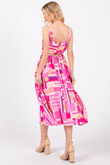 Fuchsia Geo Printed Cut Out Back Detail Midi Dress