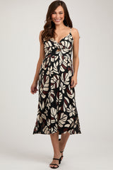 Black Palm Print Front Knot Twist Maternity Dress