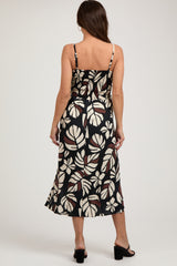 Black Palm Print Front Knot Twist Maternity Dress