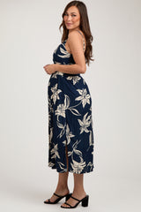 Navy Blue Floral Front Twist Maternity Midi Dress