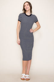 Navy Striped Knit Midi Dress