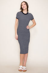 Navy Striped Knit Maternity Midi Dress