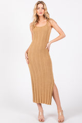 Taupe Rib Knit Side Slit Maxi Dress