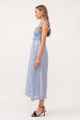 Blue Polka Dot Smocked Midi Dress