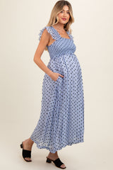 Blue Polka Dot Smocked Maternity Midi Dress