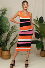 Orange Striped Sweater Square Neck Maternity Midi Dress