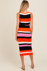 Orange Striped Sweater Square Neck Maternity Midi Dress