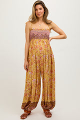 Yellow Floral Border Print Smocked Shoulder Tie Maternity Jumpsuit