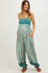 Light Blue Floral Border Print Smocked Shoulder Tie Maternity Jumpsuit