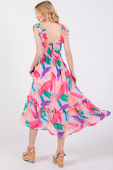 Pink Watercolor Print Ruffle Accent Midi Dress