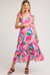 Pink Watercolor Print Ruffle Accent Maternity Midi Dress