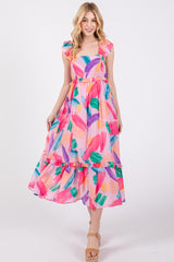 Pink Watercolor Print Ruffle Accent Maternity Midi Dress