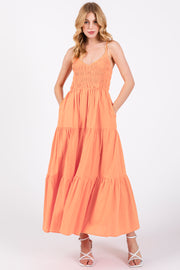 Orange Smocked V-Neck Sleeveless Tiered Midi Dress