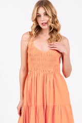 Orange Smocked V-Neck Sleeveless Tiered Midi Dress