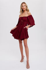 Burgundy Ruffle Hem  Ruched Mini Dress