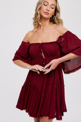 Burgundy Ruffle Hem  Ruched Mini Dress