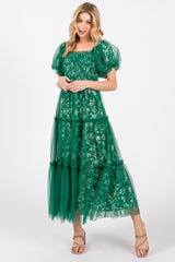 Forest Green Floral Lined Smocked Tulle Midi Dress