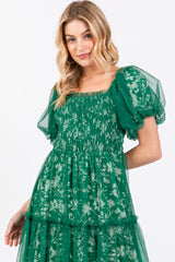 Forest Green Floral Lined Smocked Tulle Midi Dress