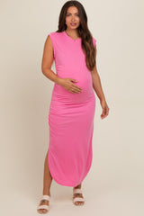 Pink Fitted Maternity Midi Dress