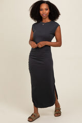 Black Ruched Side Slit Maternity Midi Dress