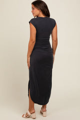 Black Ruched Side Slit Maternity Midi Dress