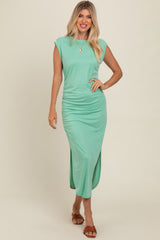 Green Ruched Side Slit Midi Dress