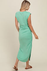 Green Ruched Side Slit Midi Dress