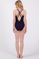 Navy Blue Ribbed V-Neck Ruched Criss Cross Low Back One Piece Swimsuit