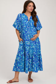 Blue Floral Tiered Maternity Midi Dress